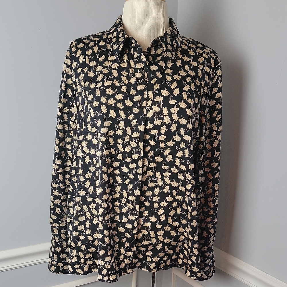 MANGO Black Tan Botanical Floral Print Career Office Boho Button Up Blouse Top